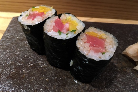 A tuna, oshinko, and shiso roll from Sushi Azabu